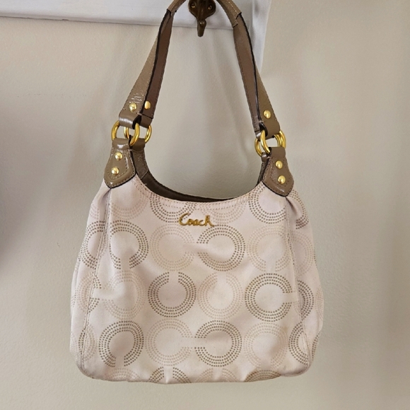 Coach Handbags - Coach Cream Signature Fabric and Tan Patent Leather Straps Shoulder Bag